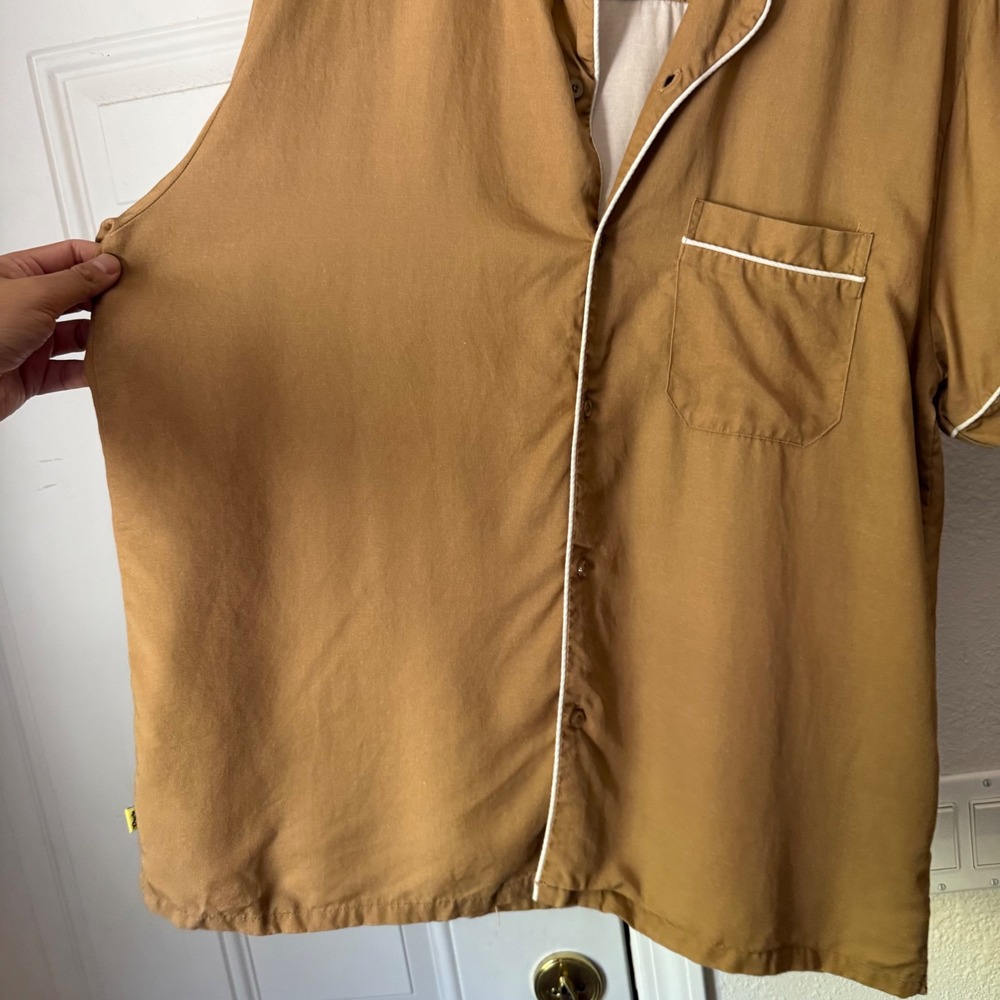 DUVIN khaki tan contrast piping short sleeve button up shirt - Picture 3 of 8